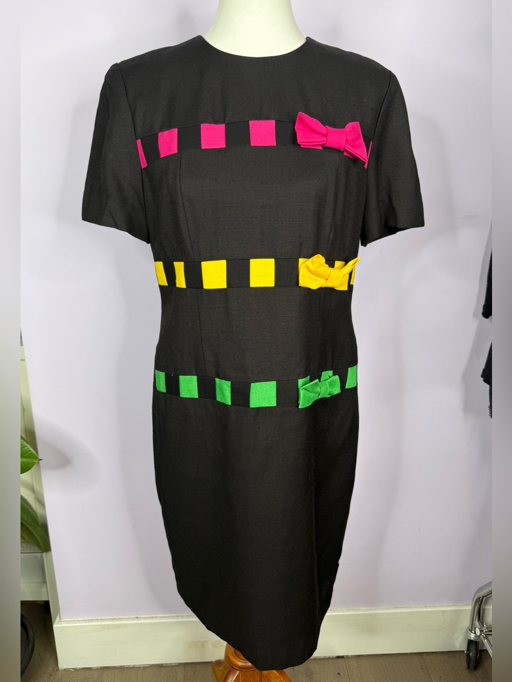 Santa Fe By Jim Tremblay Vintage Black Shift Dress with Multicolored Ribbons